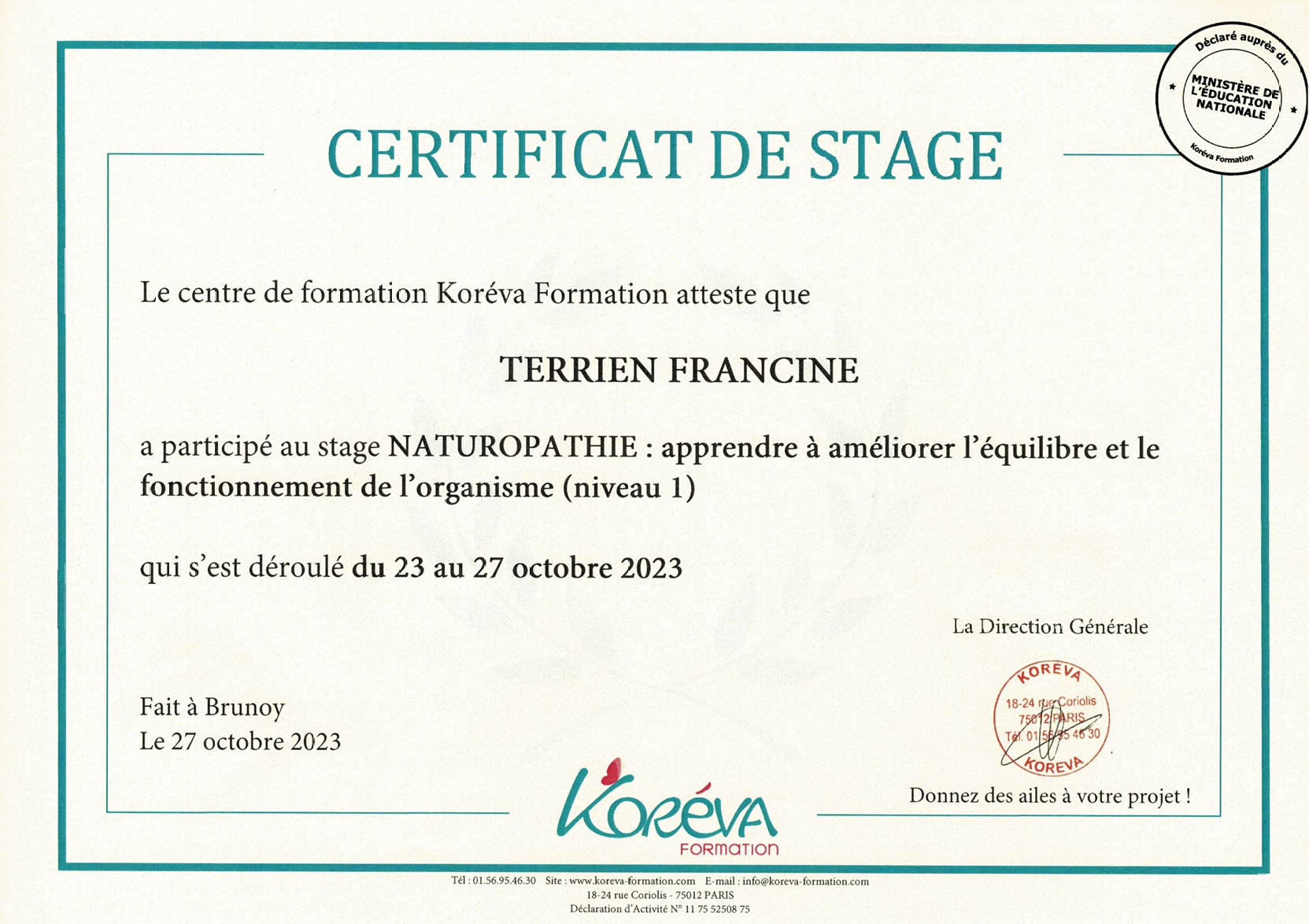 Certificat de stage de naturopathie niveau 1 : apprendre à améliorer l'équilibre et le fonctionnement de l'organisme.