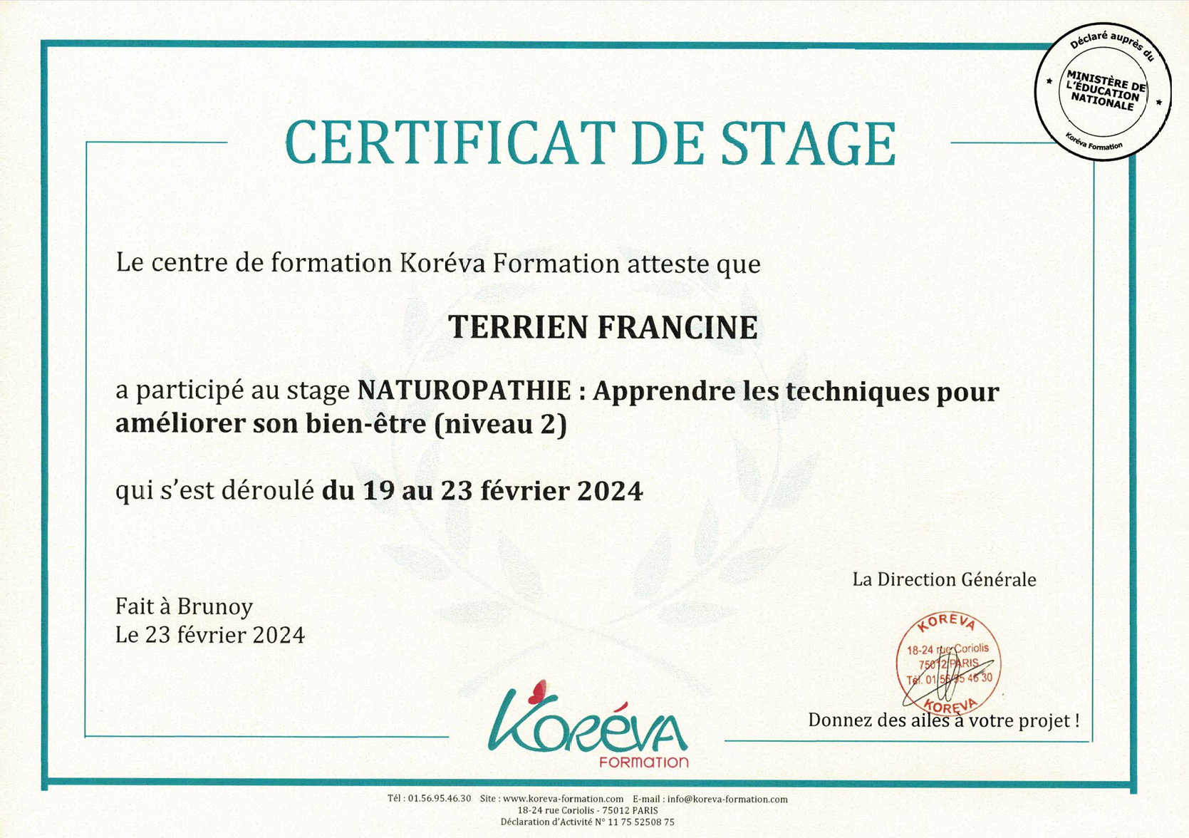 Certificat de stage de naturopathie niveau 2 : apprendre les techniques pour améliorer son bien-être.