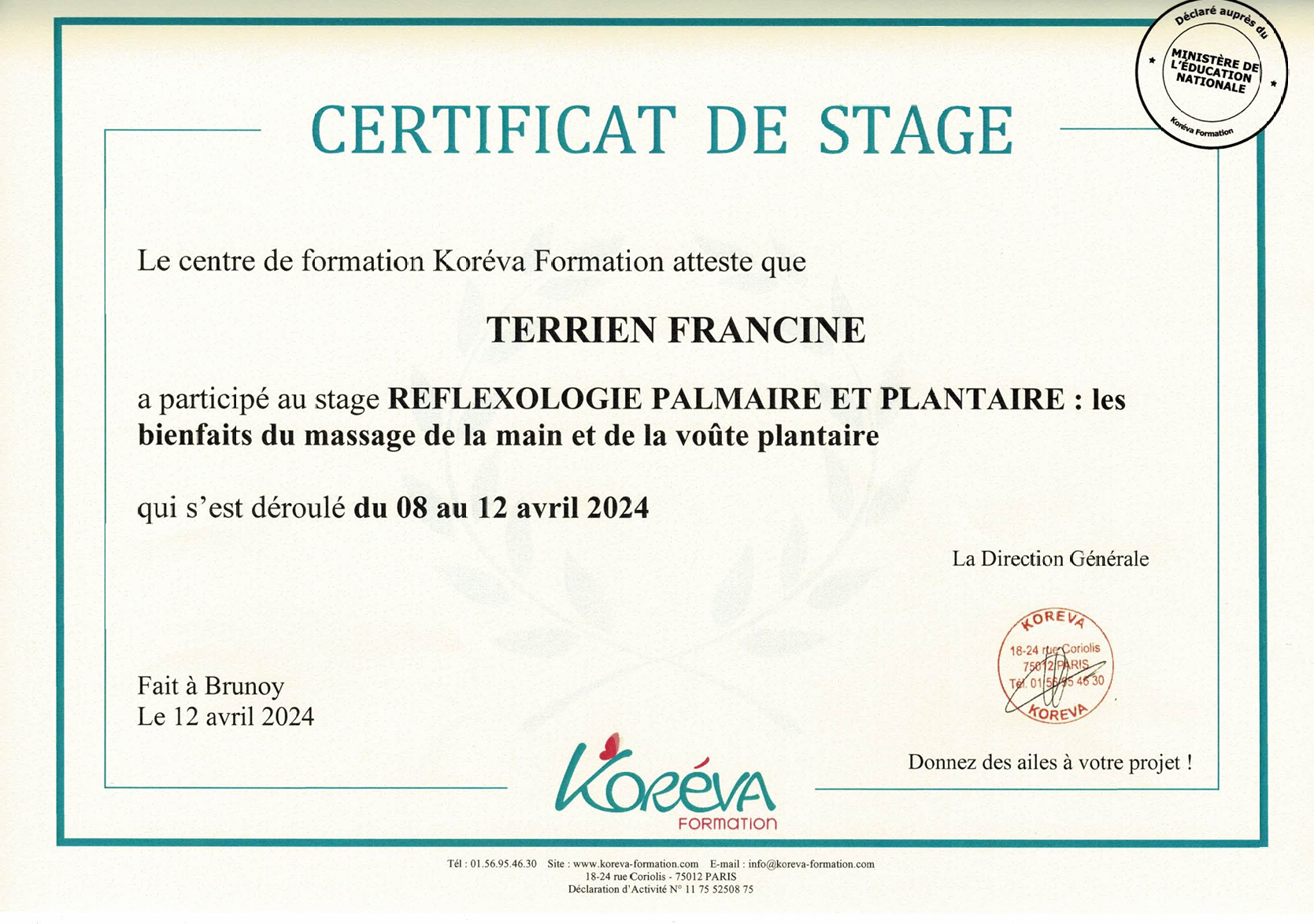 Certificat de stage de réflexologie plantaire et palmaire : les bienfaits des massages de la main et de la voûte plantaire.